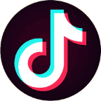 The TikTok logo showcases a stylized white musical note with blue and pink borders on a black circular background, often found in the footer of their app interface.