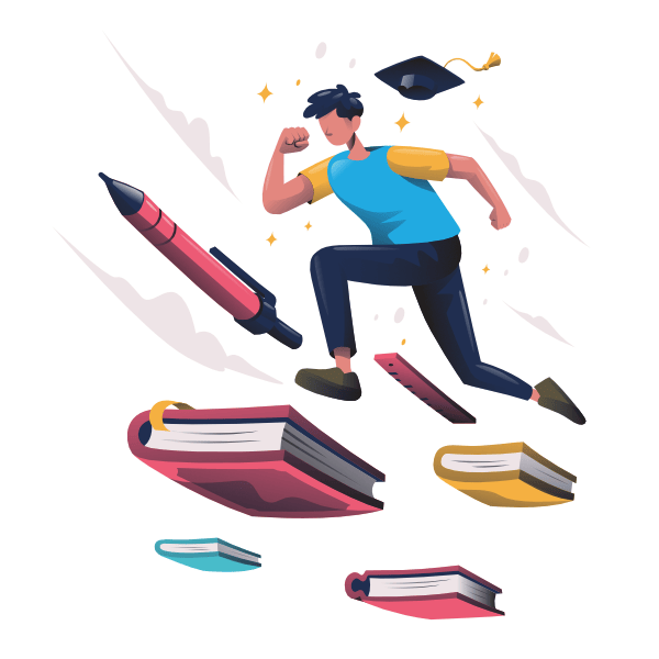 A man in the sky flexing his muscles with a number of books and pencils