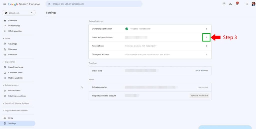 step 3 on how to add user to google search console