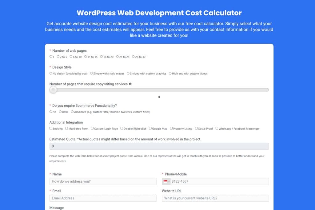 aimaai web development cost calculator