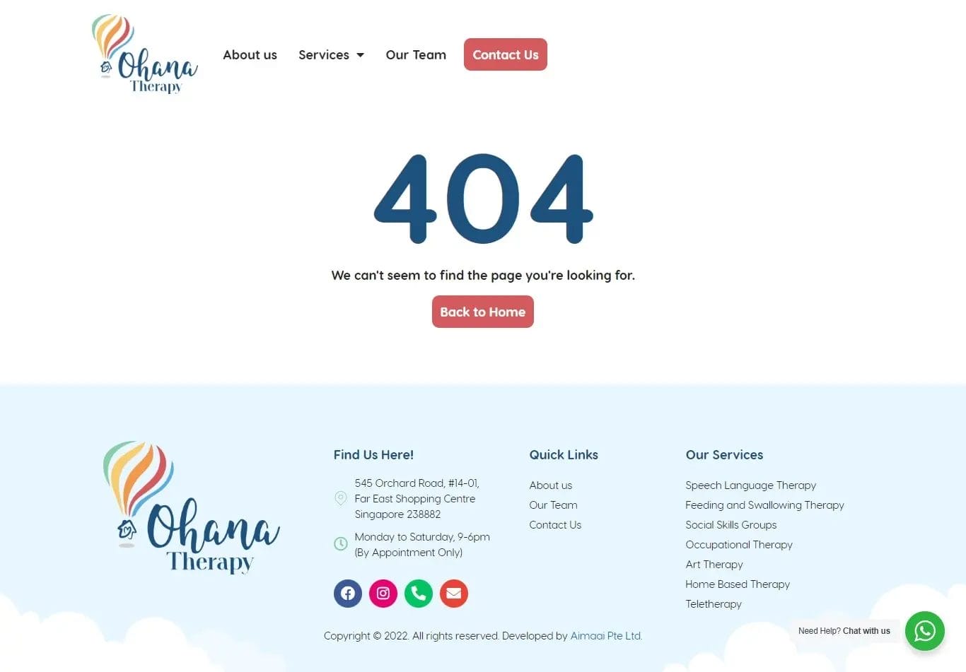 Ohana Therapy 404 page layout and design