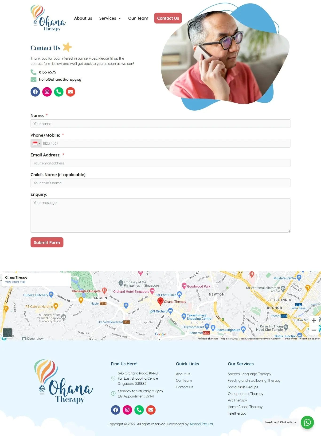 Ohana Therapy's contact page design layout