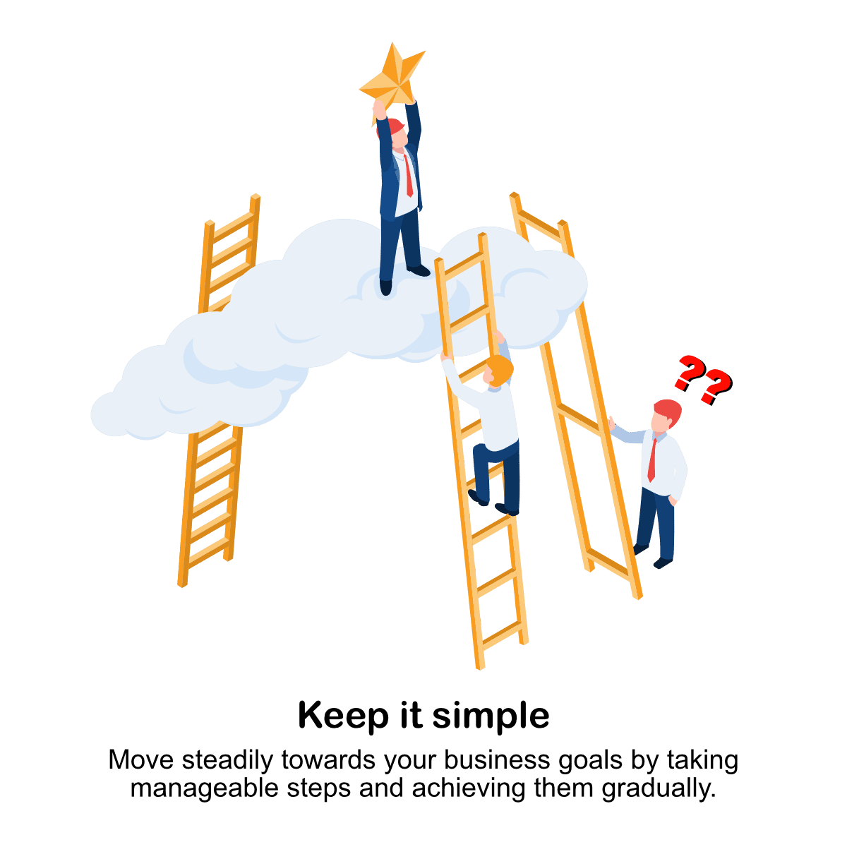 A group of men climb up an ladder to reach their goal