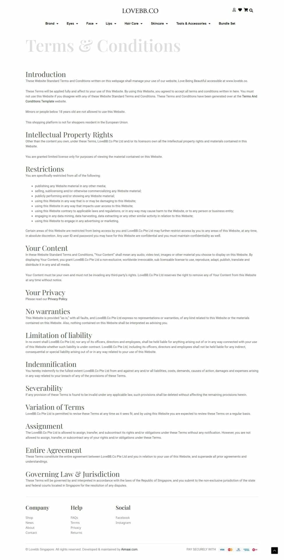 The terms and conditions page of a website pertaining to web development.