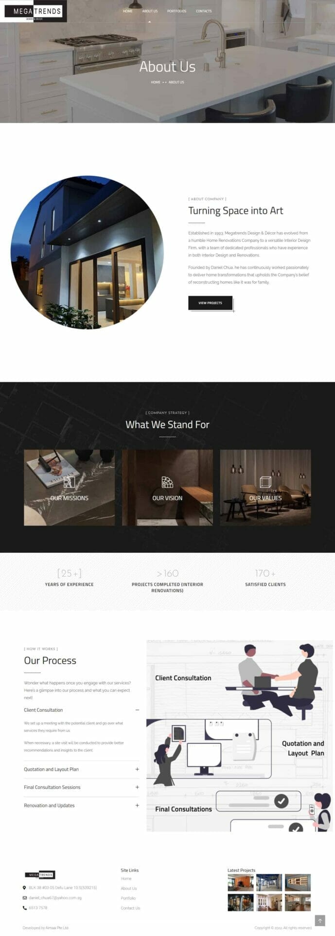 A portfolio website design for an interior design company, utilizing WordPress and offering web consultation.