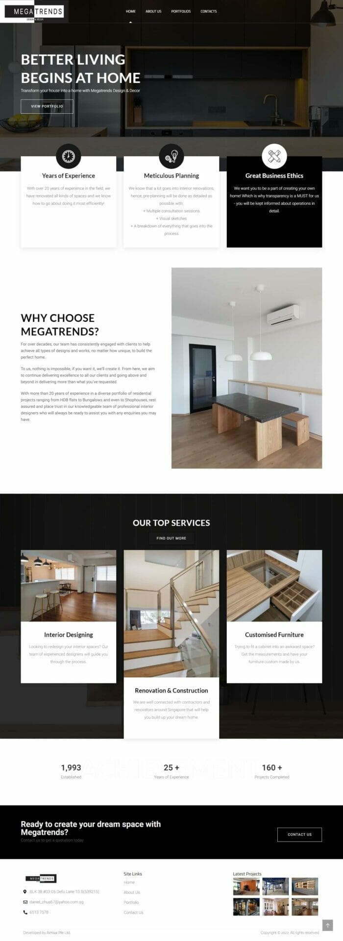A black and white portfolio website design for a construction company using template-based web development.