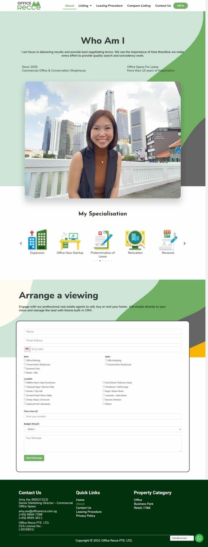 A WordPress website featuring a directory listing of property listings, with a green background and a woman's face.