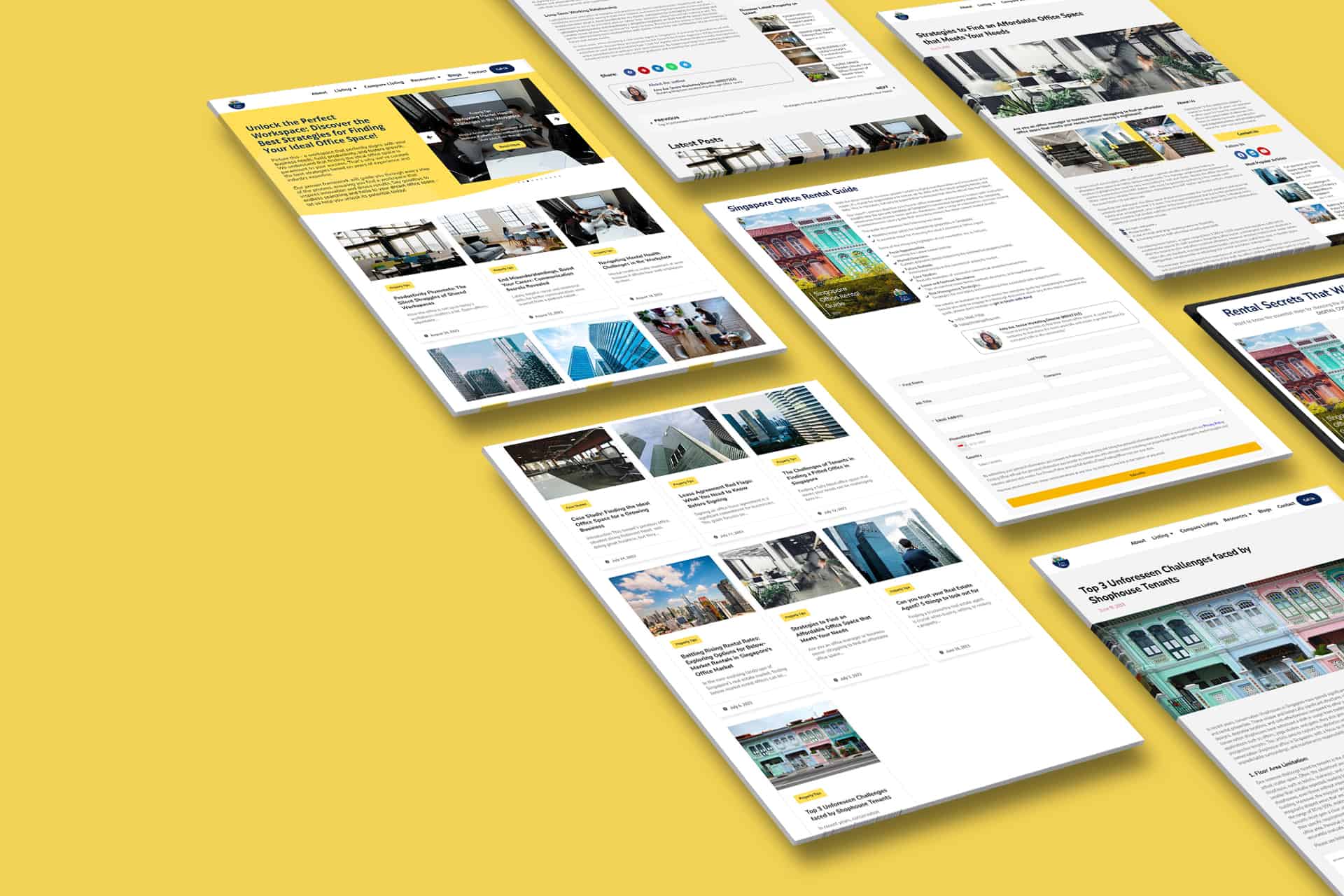 A visually appealing homepage of a real estate website featuring property listings, created using custom WordPress web development on a vibrant yellow background.