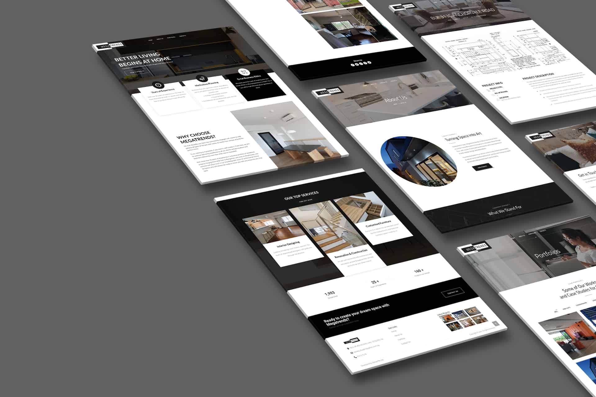 A black and white layout for a WordPress portfolio website, with options for web consultation.
