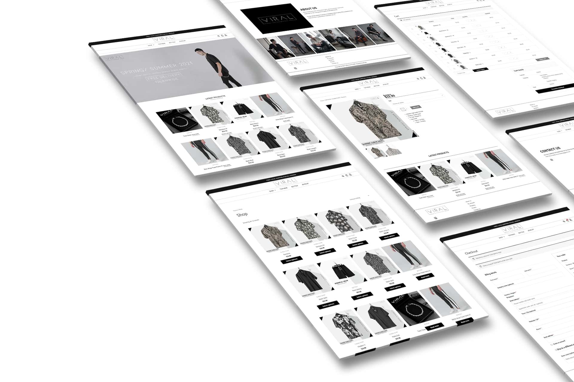 A wordpress-powered fashion website featuring a sleek and modern black and white design.
