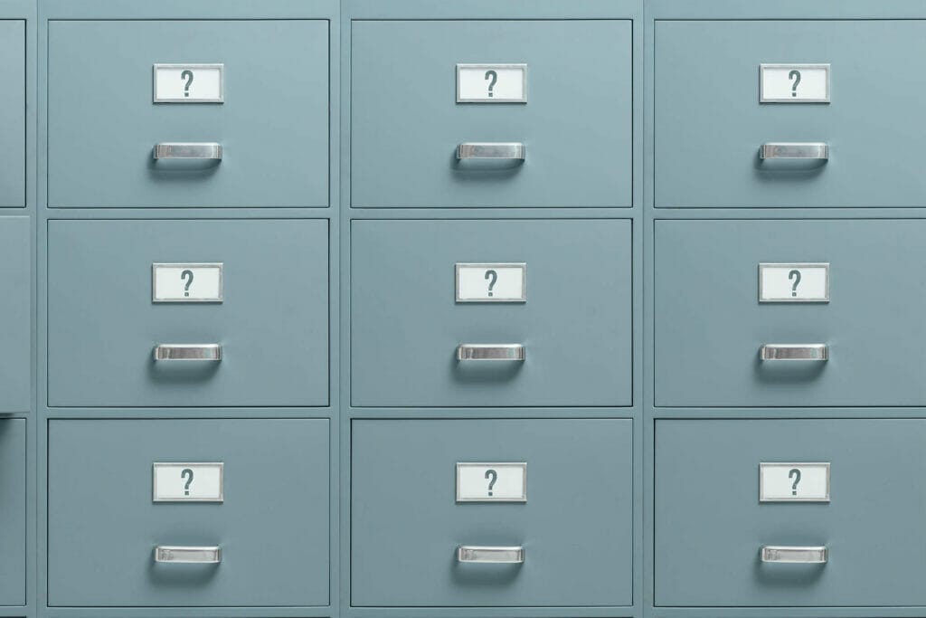 A group of blue filing cabinets in a room, enhanced with gamification for educators and coaches.