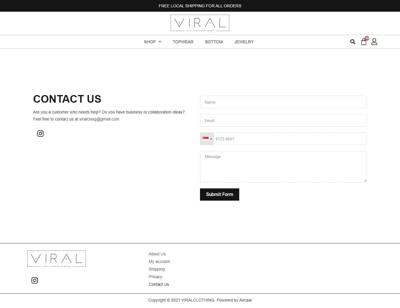 Viral online store's contact us page.