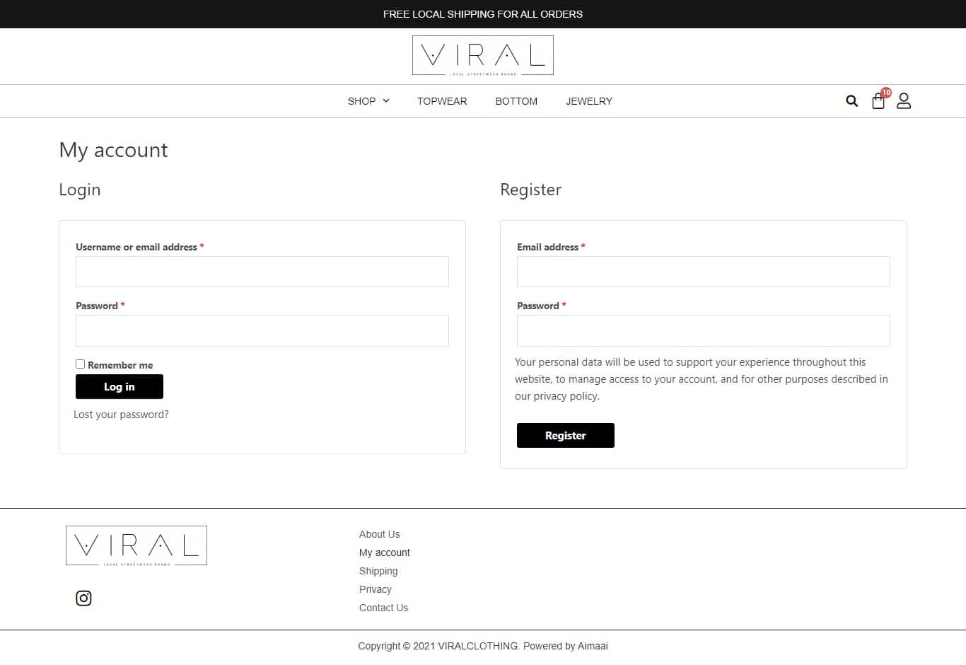 A screen shot of the login page for a fashion online store using WordPress.
