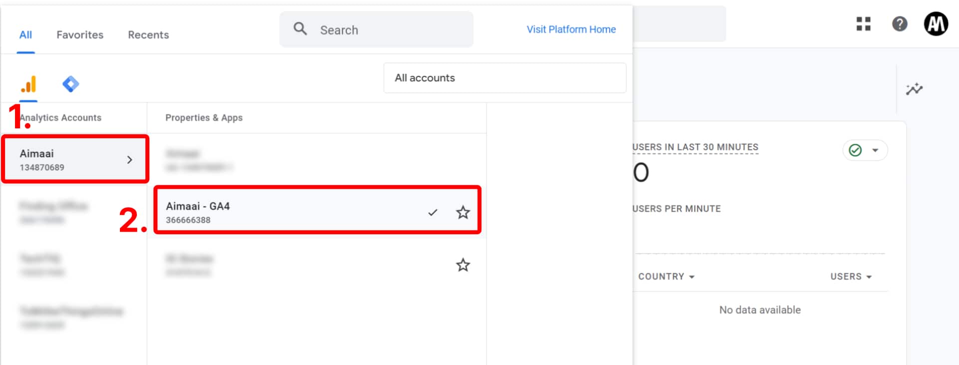 User interface of an analytics platform highlighting an account named "aimaai" with a numerical id.