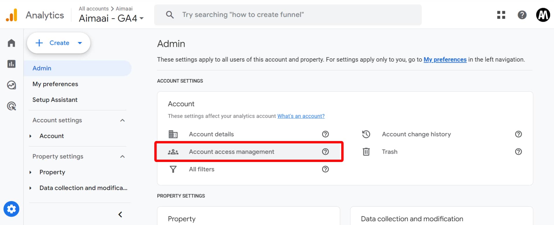 A screenshot showcasing the "admin" panel in google analytics, with the "account access management" section highlighted.