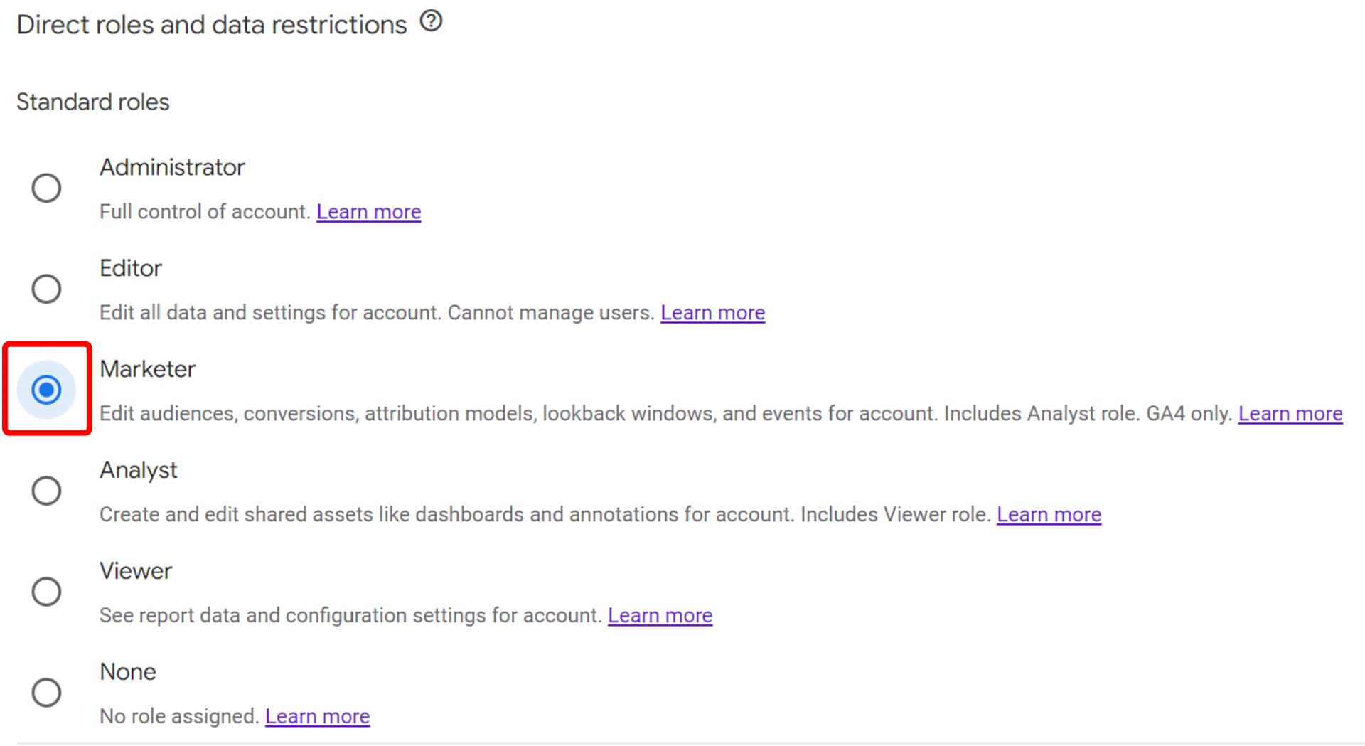 Screenshot of a webpage detailing different user roles and data restrictions with an emphasis on the "marketer" role.