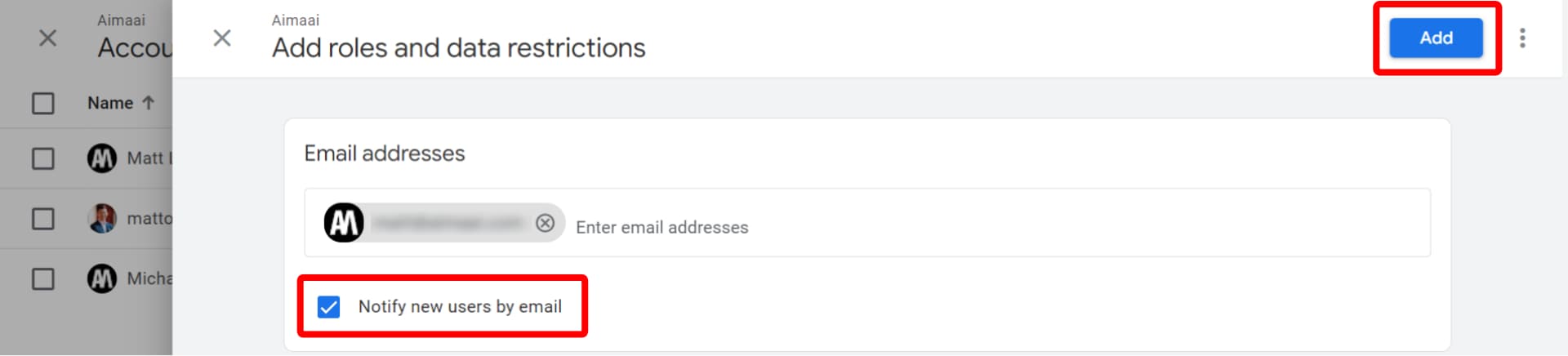 A screenshot highlighting the "notify new users by email" checkbox and "add" button in an "add roles and data restrictions" user interface.