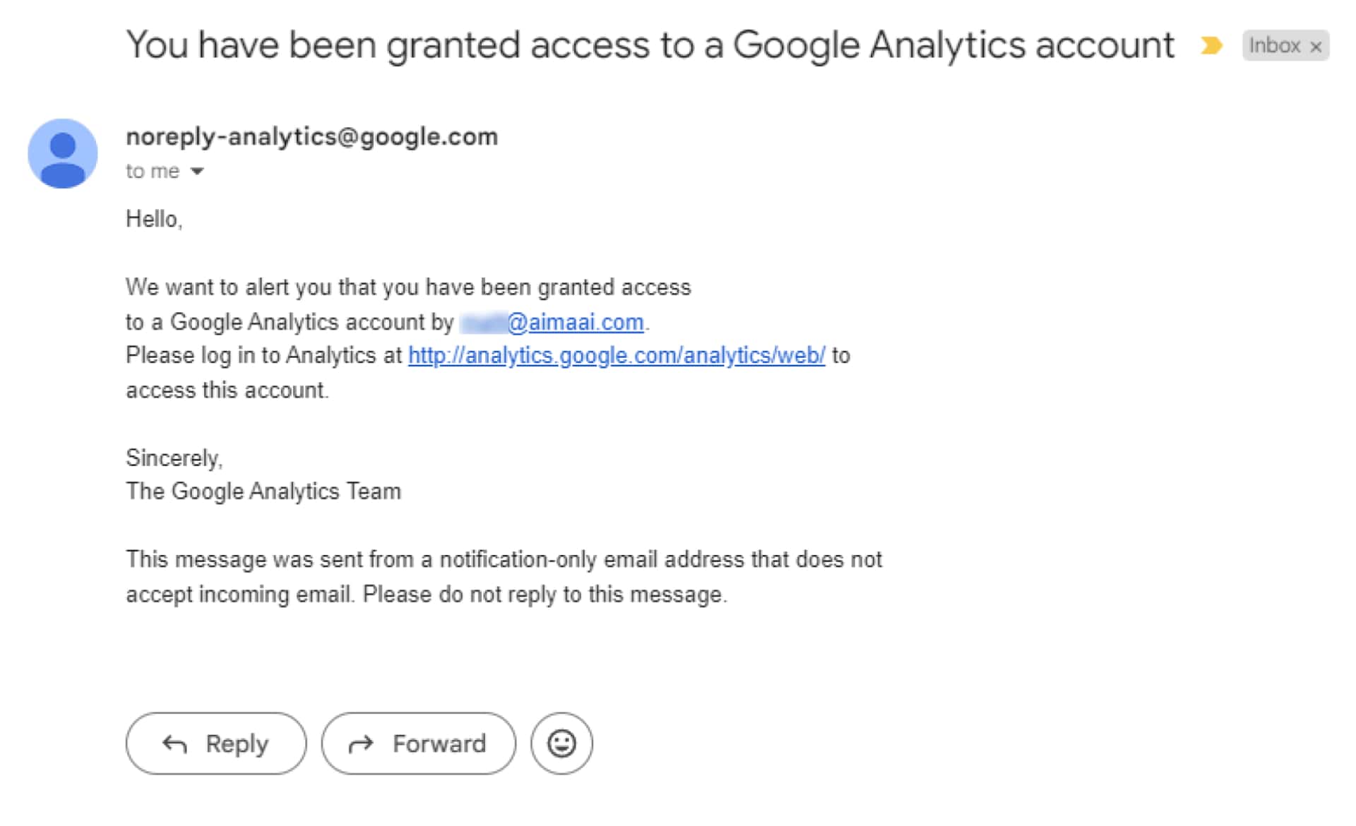 Email notification regarding access to a google analytics account.