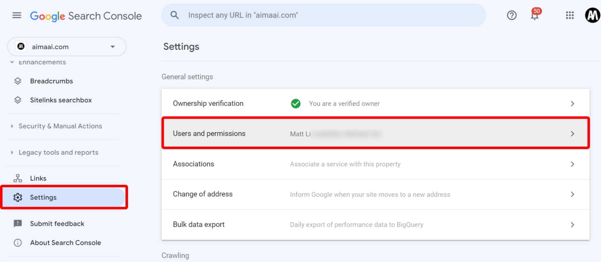 Screenshot of google search console settings menu highlighting the 'users and permissions' section.