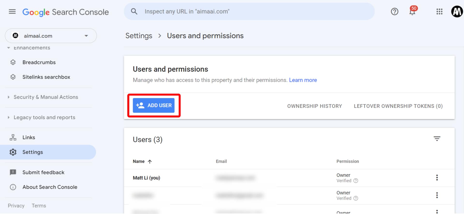Web page showing google search console "settings" with "users and permissions" tab open, highlighting an "add user" button.