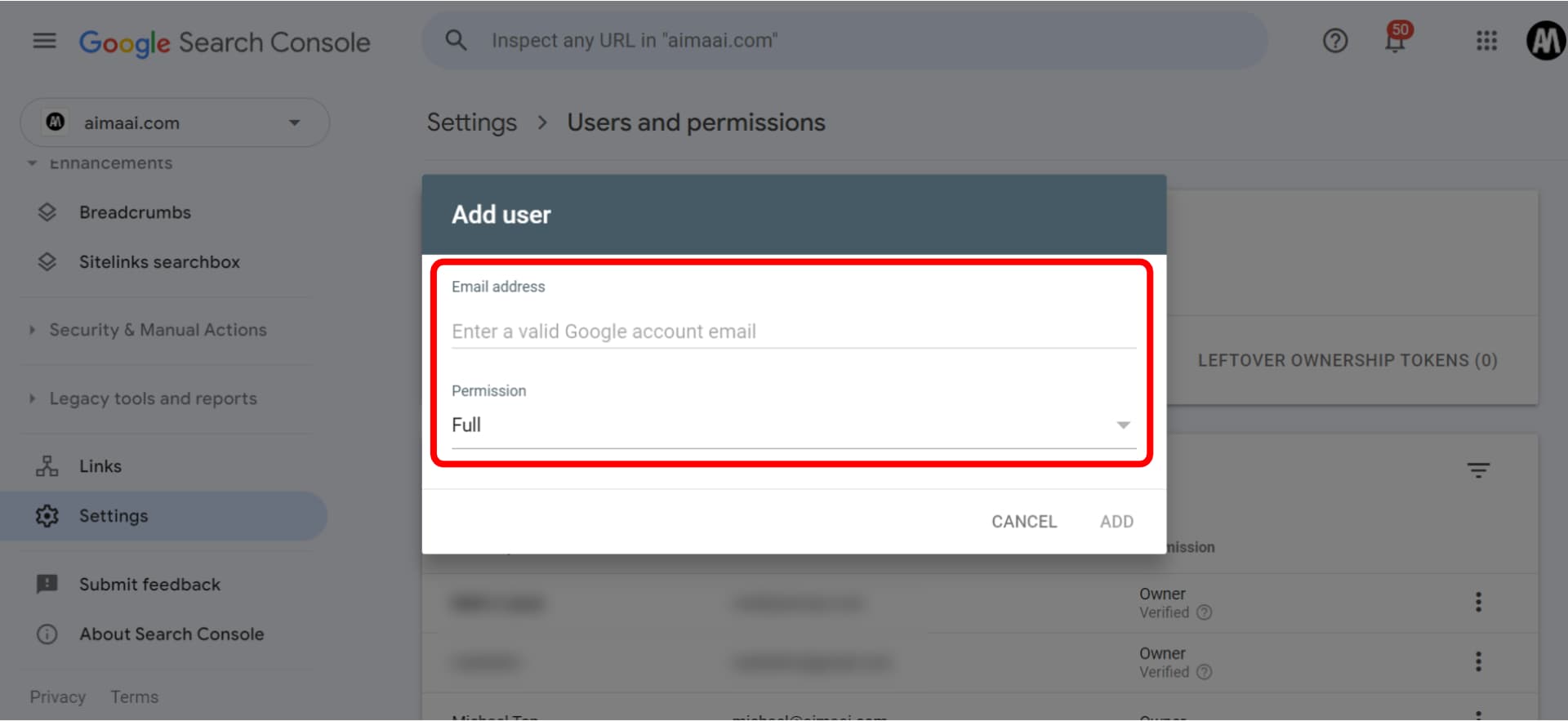 Screenshot of a user interface for adding a new user with full permission in a google service.