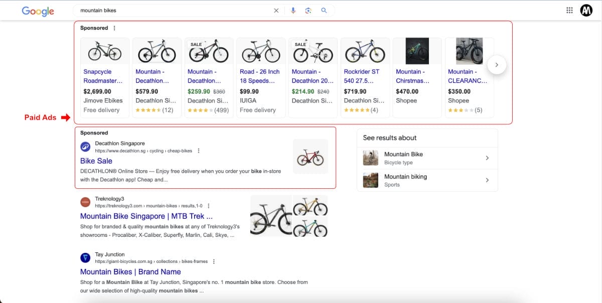 Google search results page showing how sponsored ads are displayed at the top.