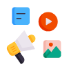 Icons illustrating content like a book, play button, bullhorn, and picture.